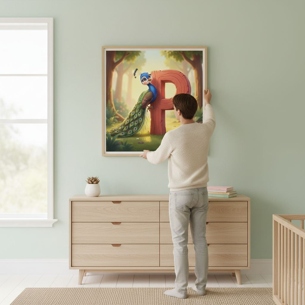 A man is standing in front of a wooden dresser, hanging a large framed picture on the wall. The picture depicts a peacock, with the man reaching up to adjust the frame.