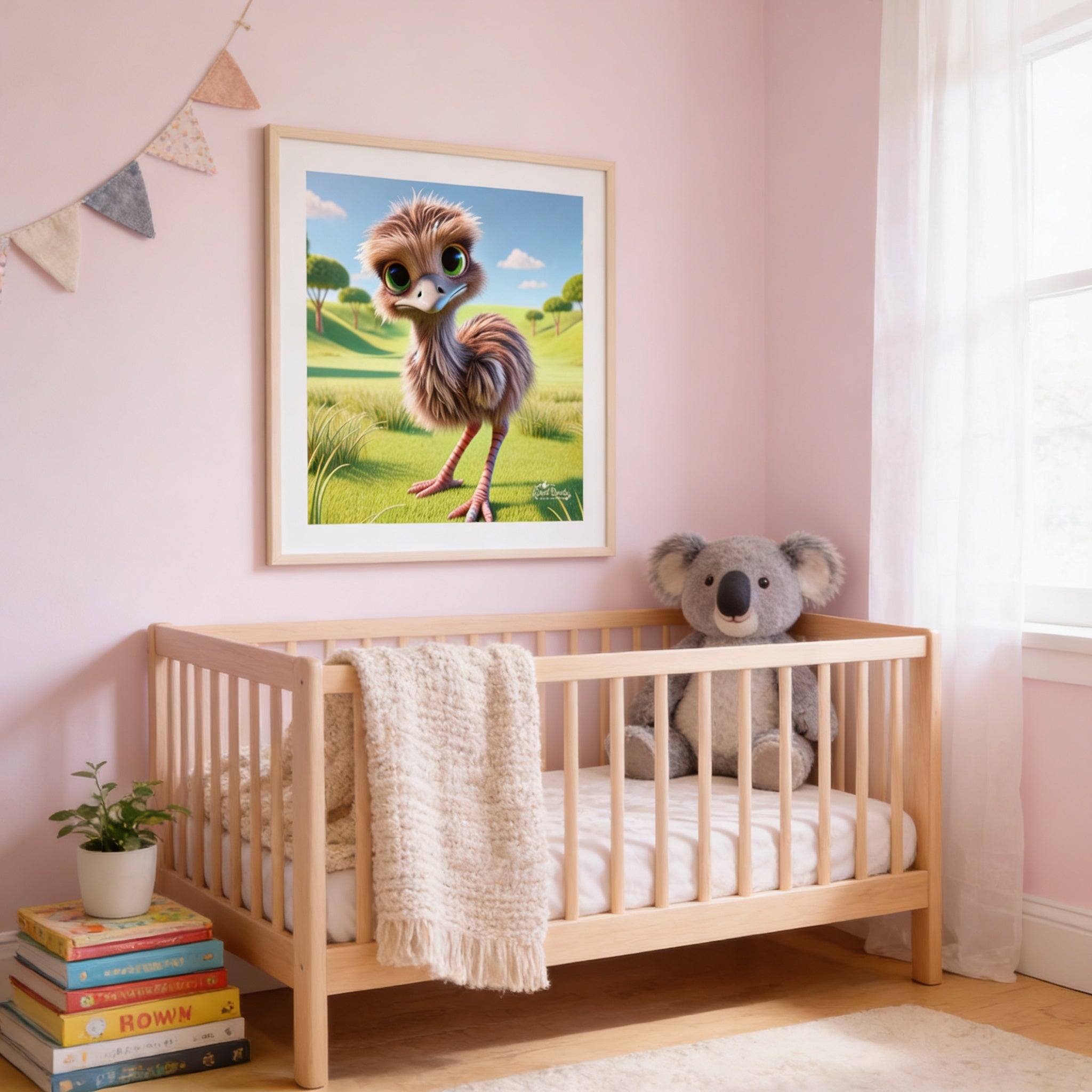 A wooden crib with a stuffed koala bear and a framed picture of an ostrich in a grassy field on the wall.