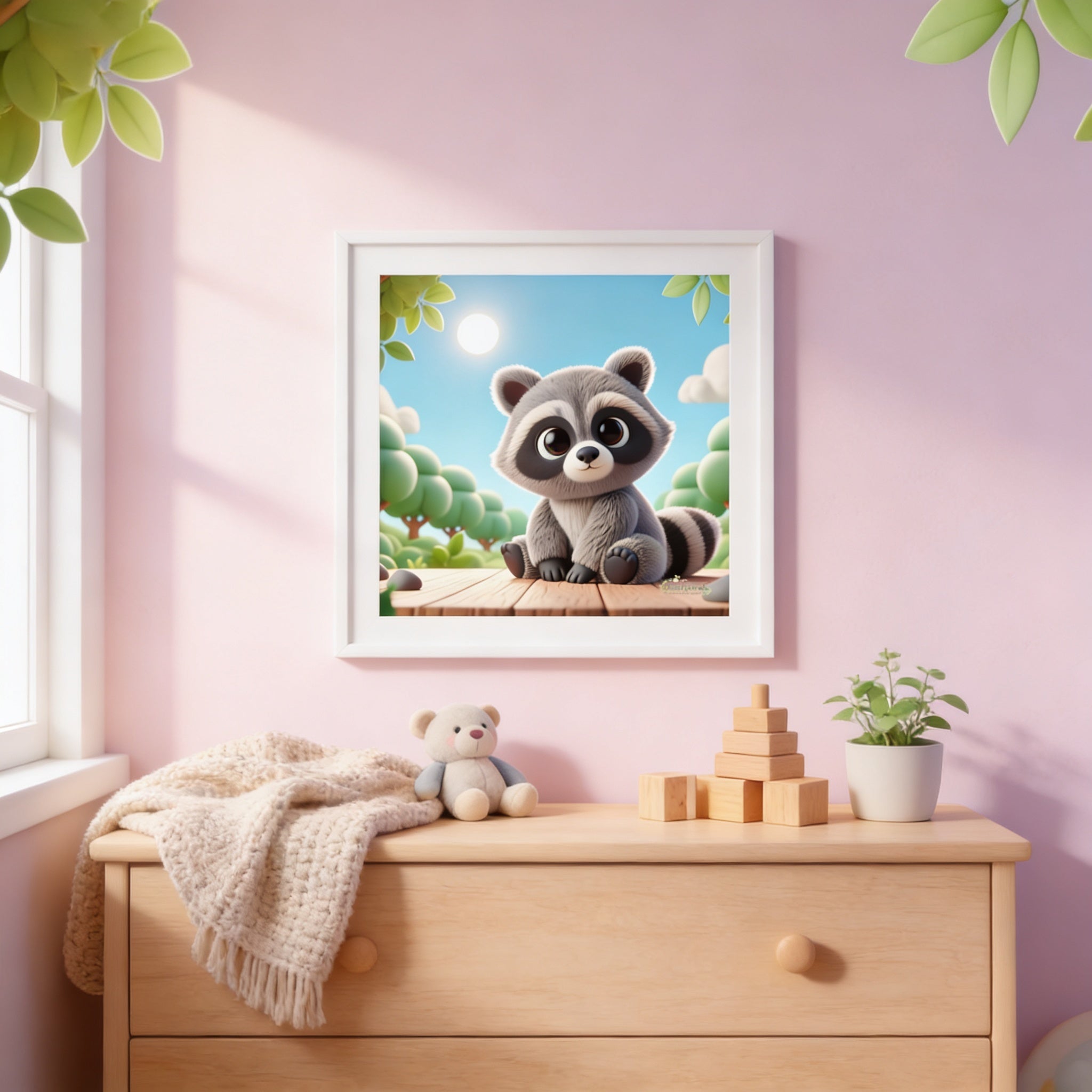 a framed illustration of a raccoon sitting on a wooden surface, surrounded by a natural landscape with trees and a blue sky.