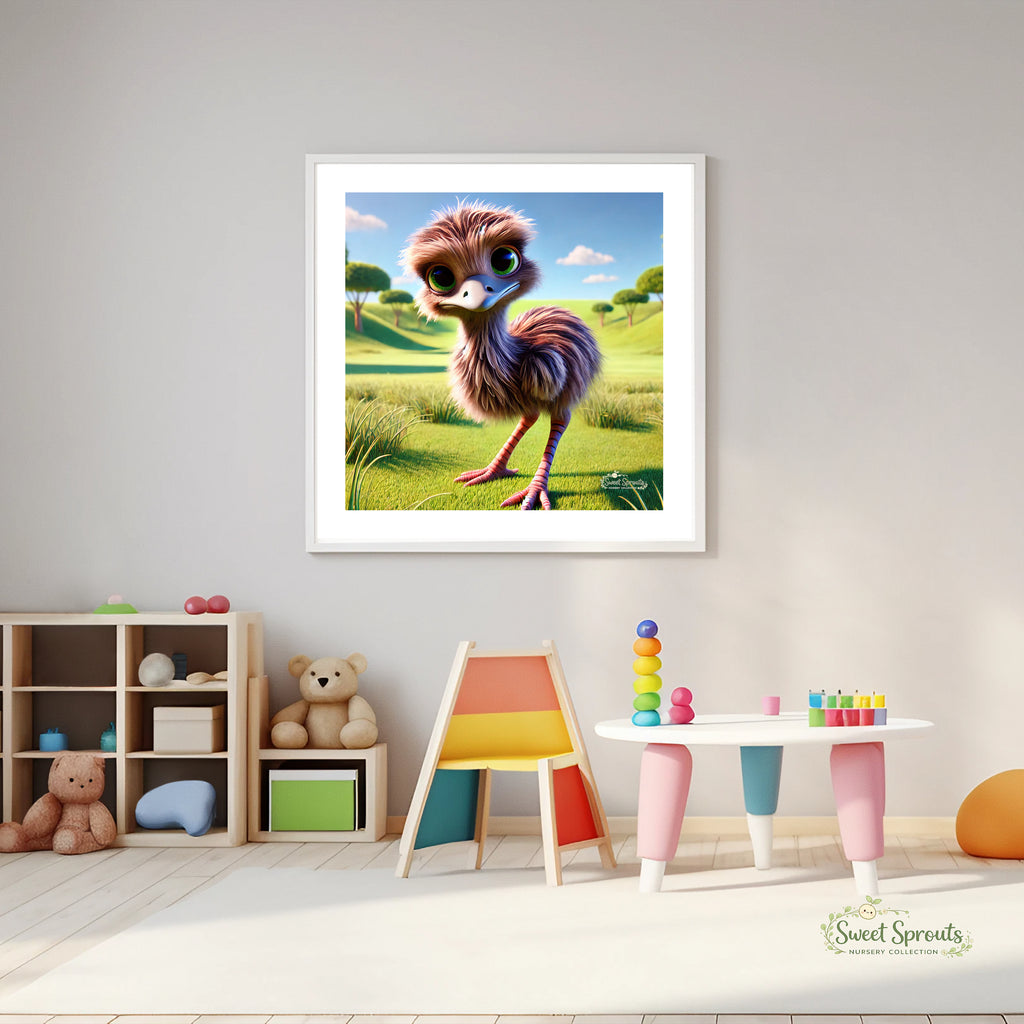 A framed image of a cartoon ostrich is displayed on a wall in a child's playroom, surrounded by colorful toys and furniture.