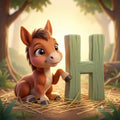 A cartoon horse is sitting on a bed of straw, with a large green letter "H" next to it, in a forest setting.