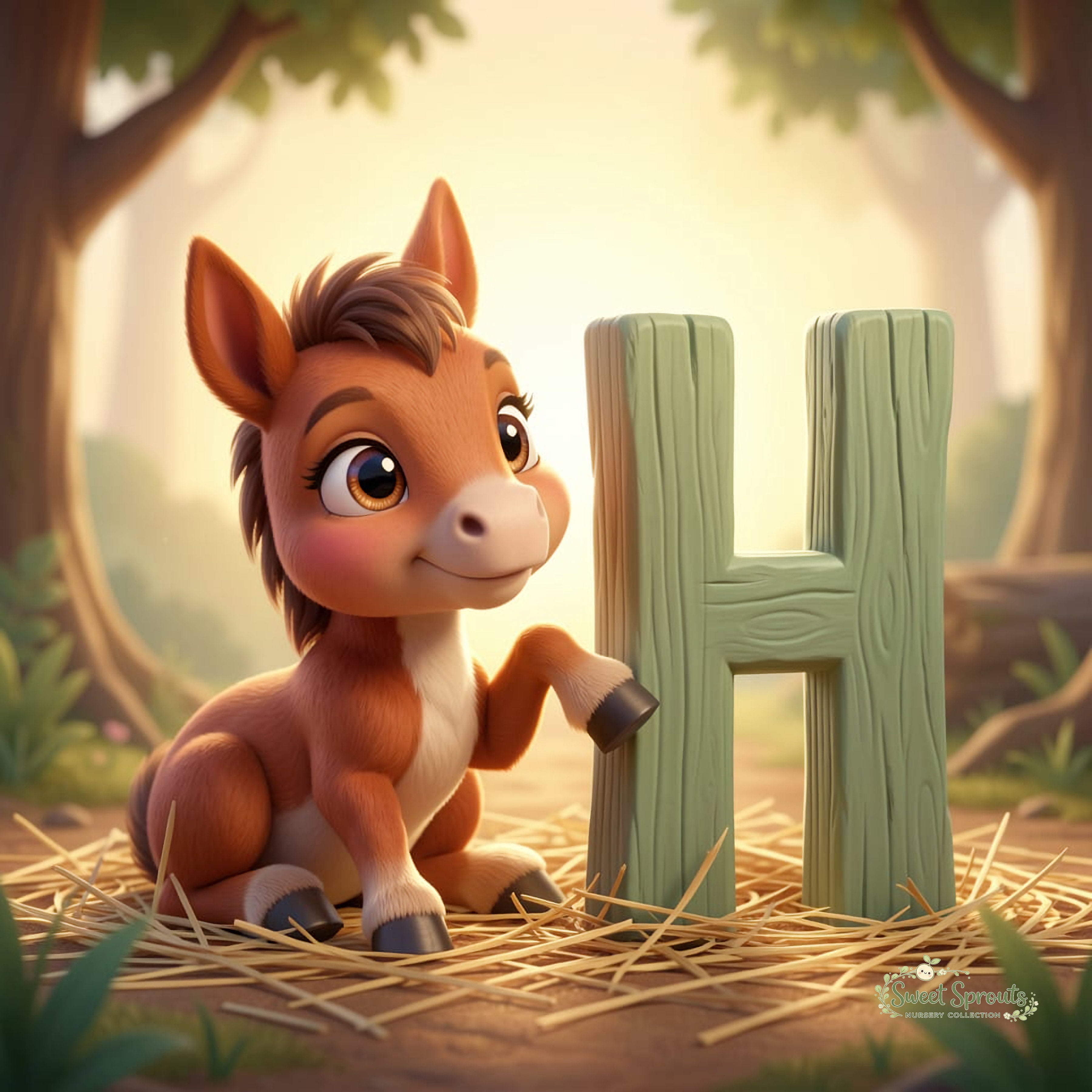 A cartoon horse is sitting on a bed of straw, with a large green letter "H" next to it, in a forest setting.