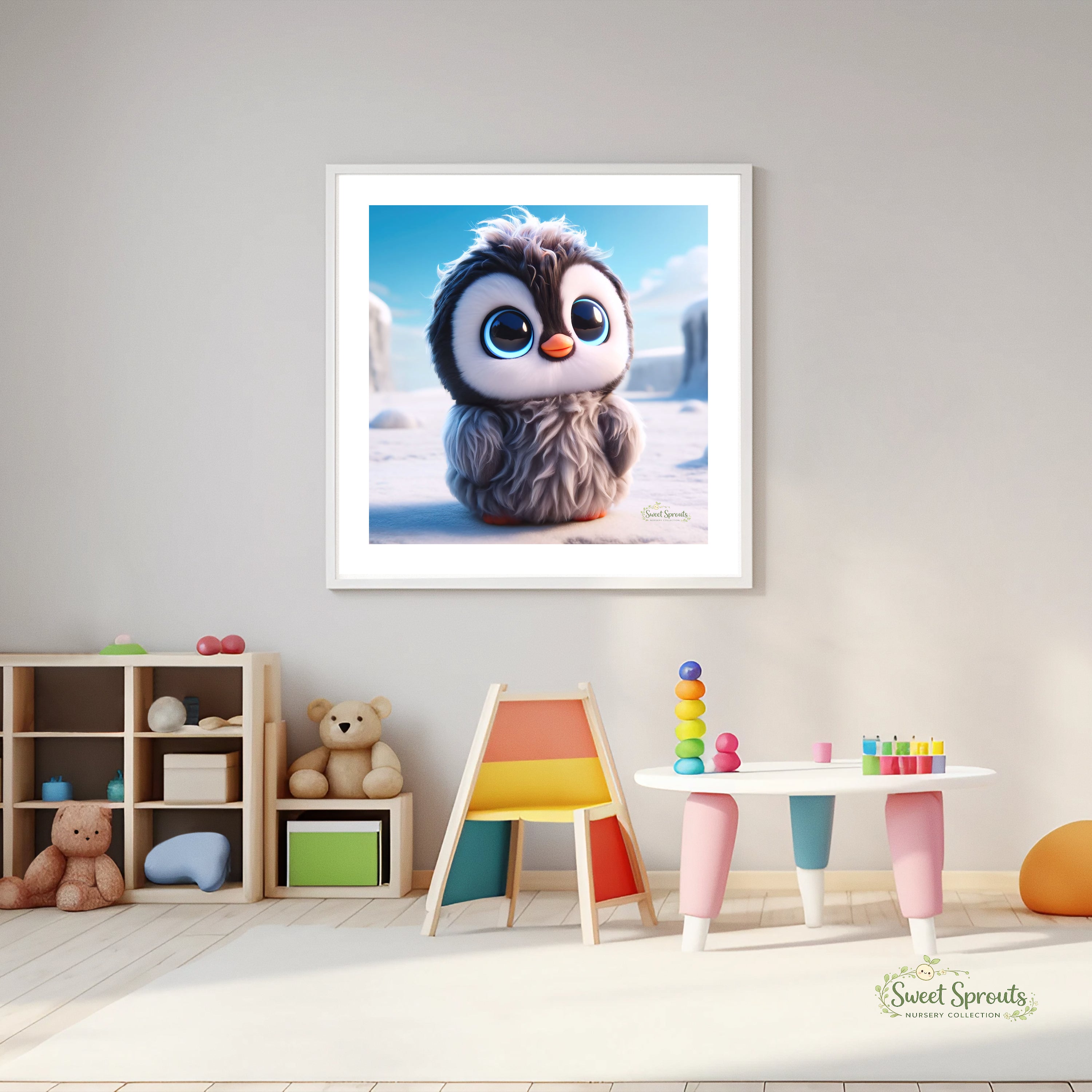 A framed image of a cute penguin is displayed on the wall in a child's bedroom, surrounded by toys and a colorful play area.