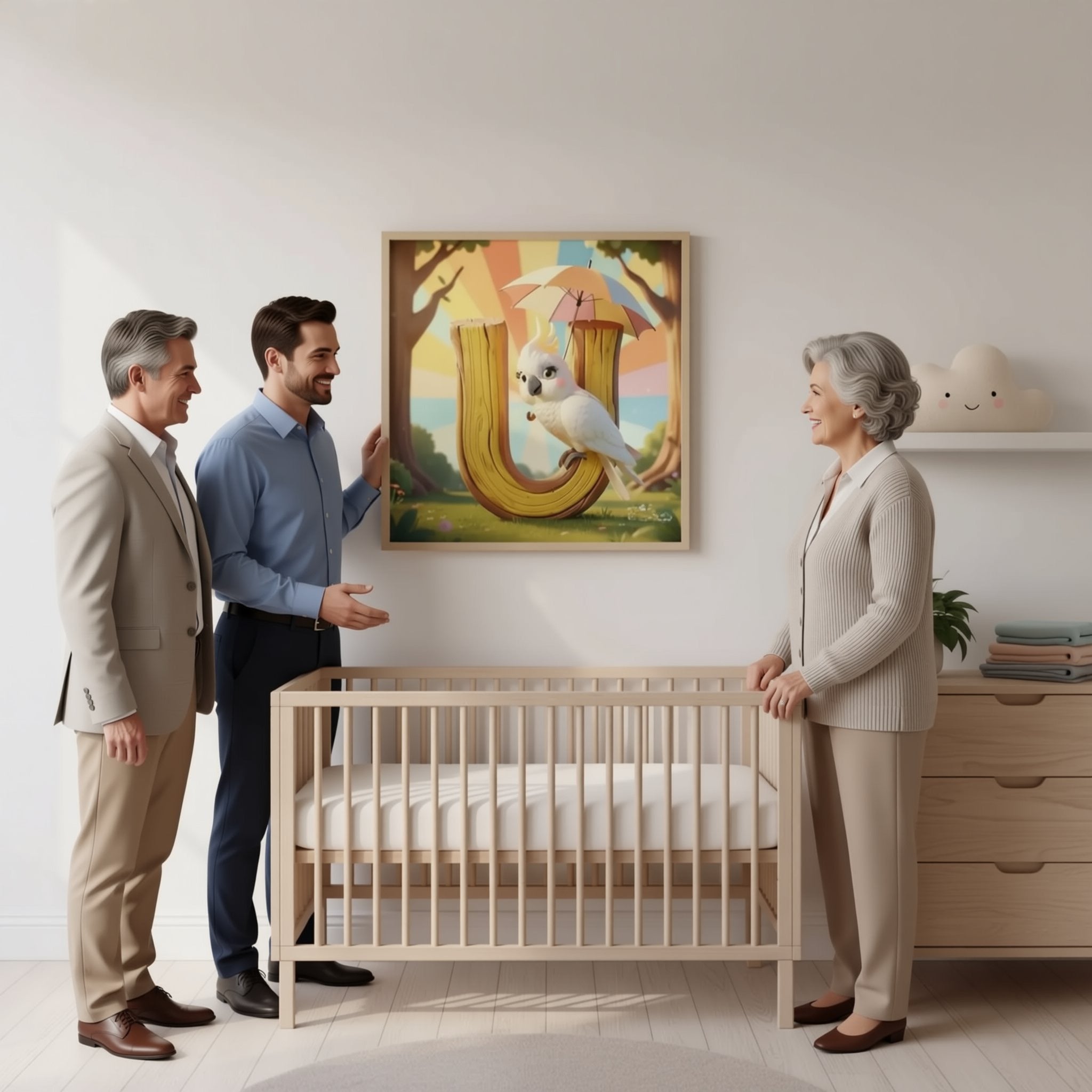 A person is hanging a framed artwork on a wall in a nursery room.