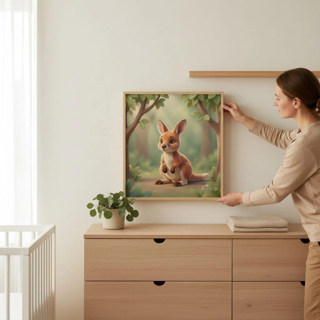 A woman hangs a framed picture of a kangaroo on a wall in a room with a dresser and a potted plant.