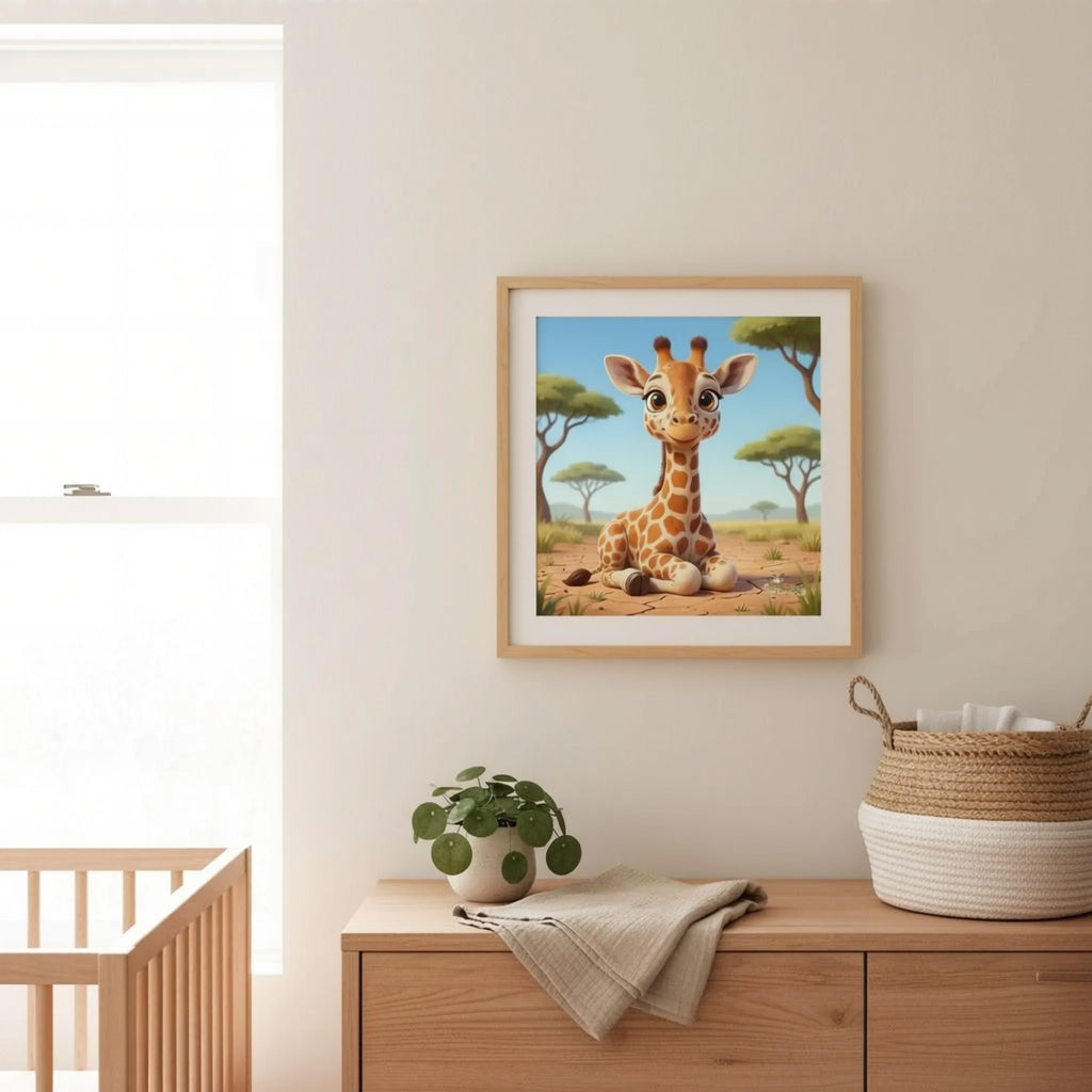 A person is hanging a framed picture of a giraffe on a wall in a room with a wooden dresser, a basket, and a potted plant.