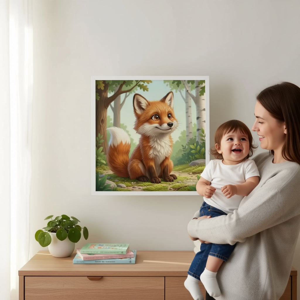 A person is holding up a framed painting of a cartoon fox in a forest setting.