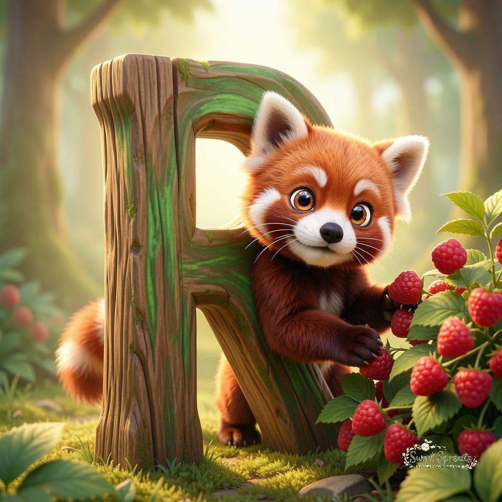 A cute red panda is peeking out from behind a wooden letter 'R' in a lush, forest-like setting with red berries.