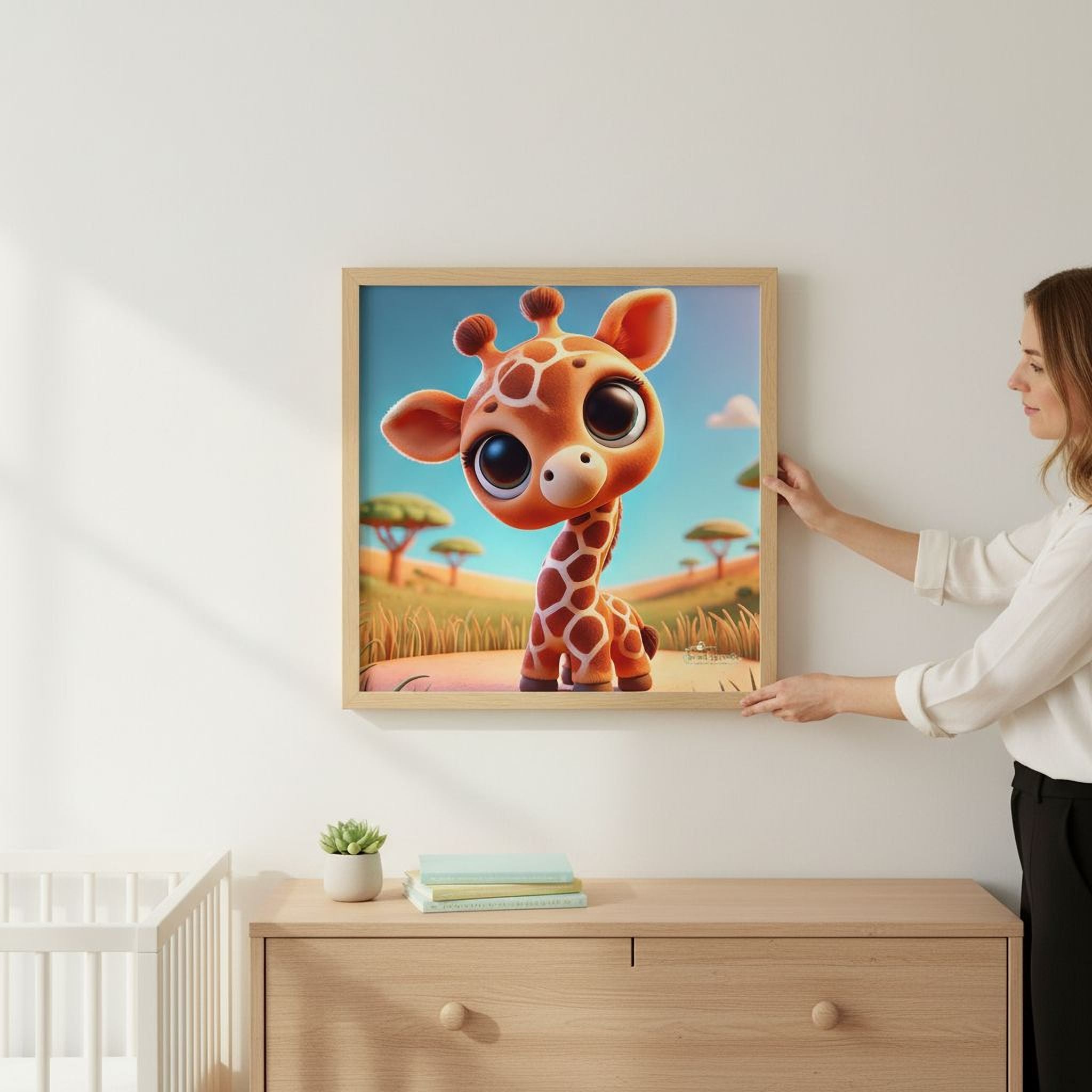 A woman is holding a framed picture of a cartoon giraffe on a wall in a room.