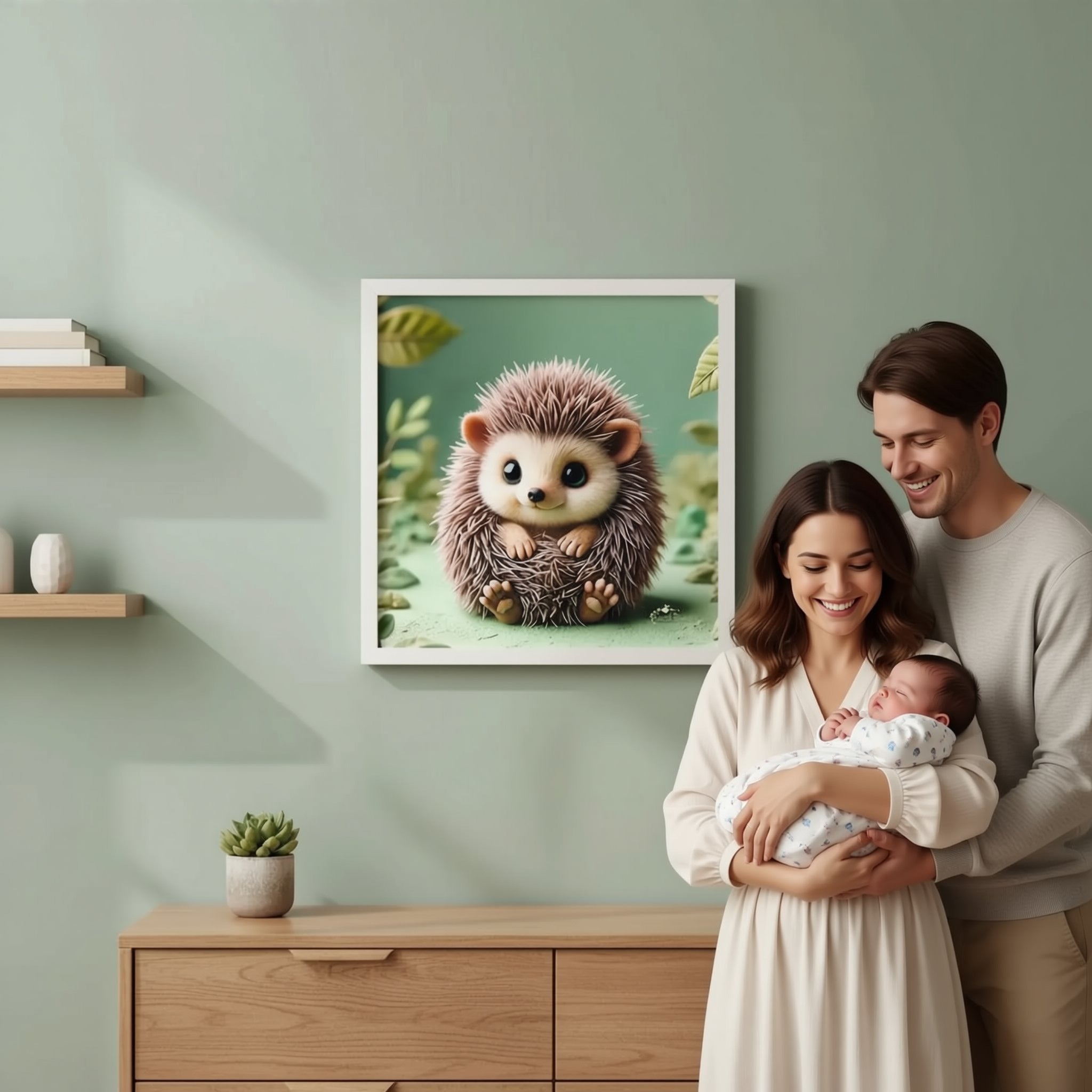 A framed image of a hedgehog is hanging on a wall, with a person standing next to it.