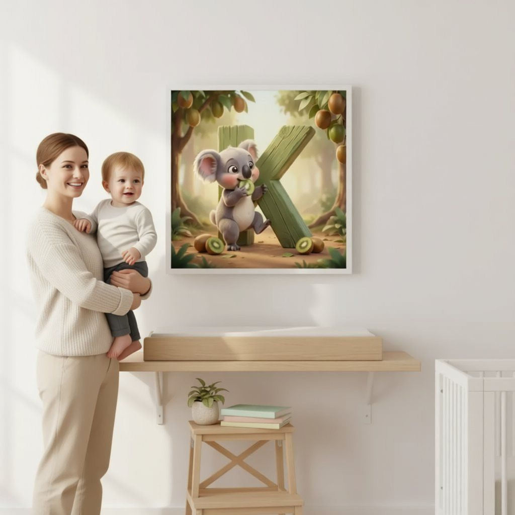 A woman holding a baby stands in front of a framed illustration of a koala bear and a large letter 'K' on a wall.
