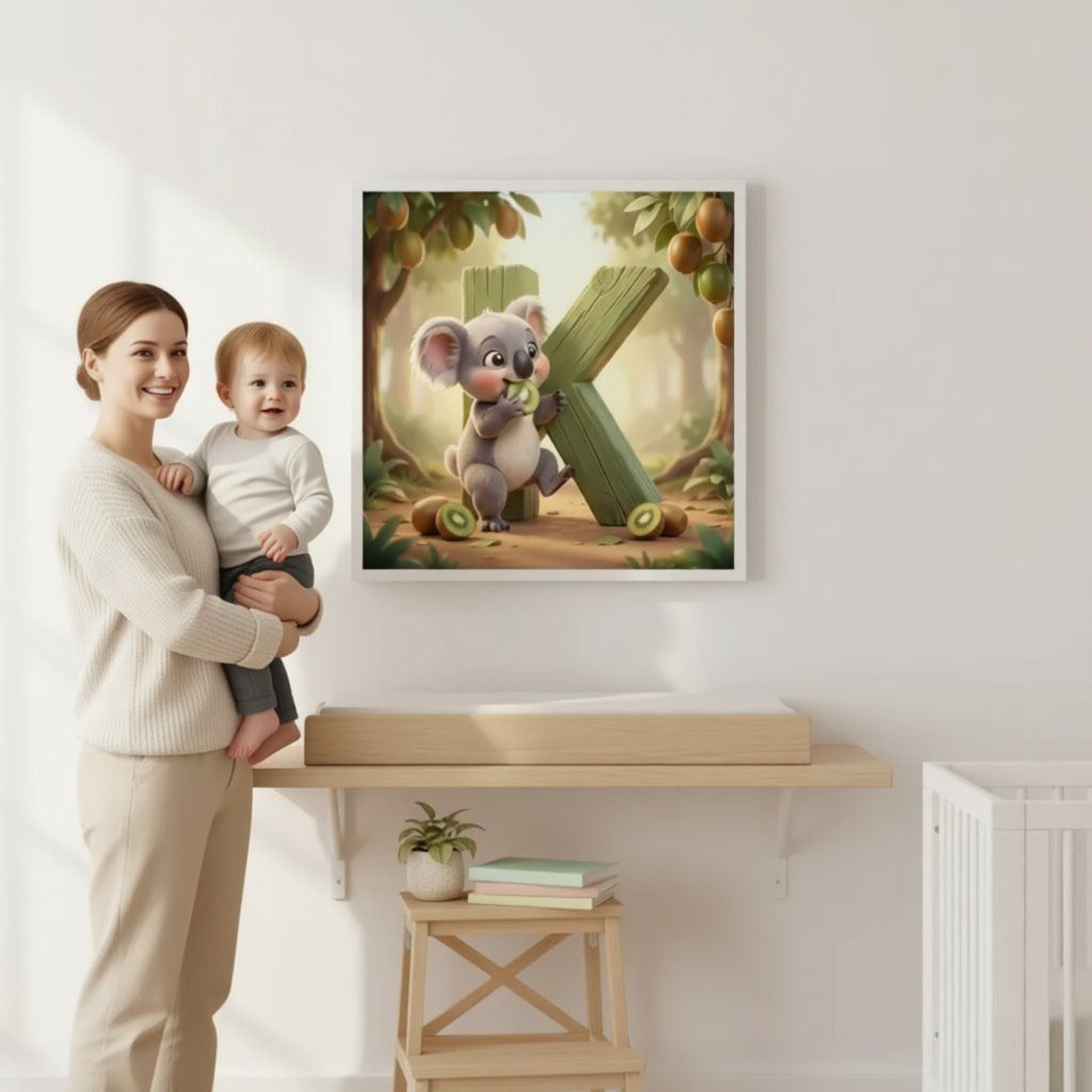 A woman holding a baby stands in front of a framed illustration of a koala bear and a large letter 'K' on a wall.