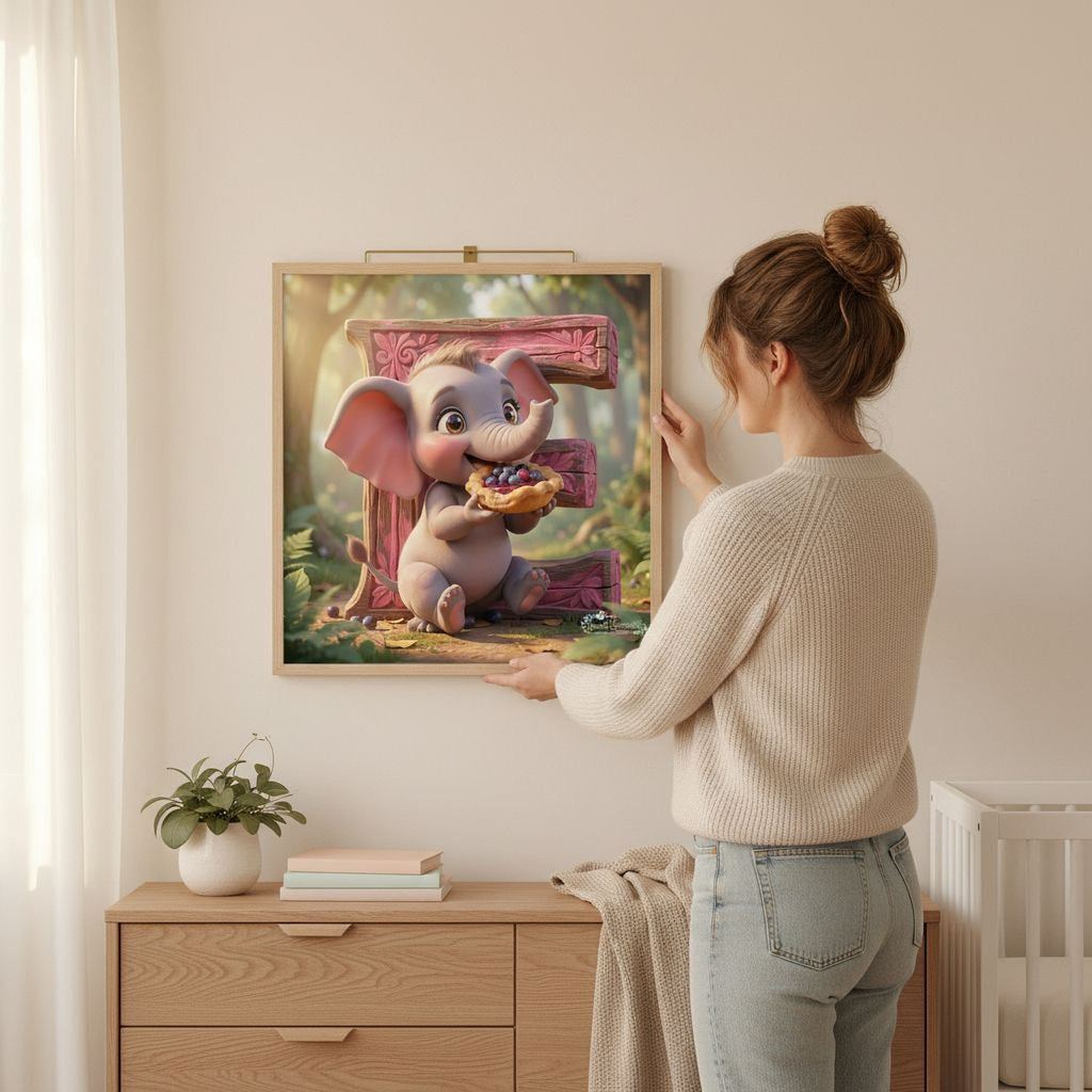 A woman is standing in front of a framed image of a cartoon elephant, which is hanging on a wall.