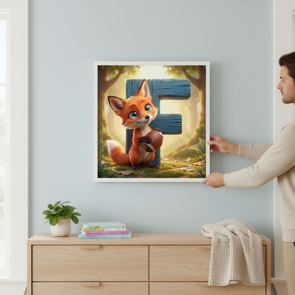 A framed illustration of a cartoon fox holding a football is hanging on a wall in a room.
