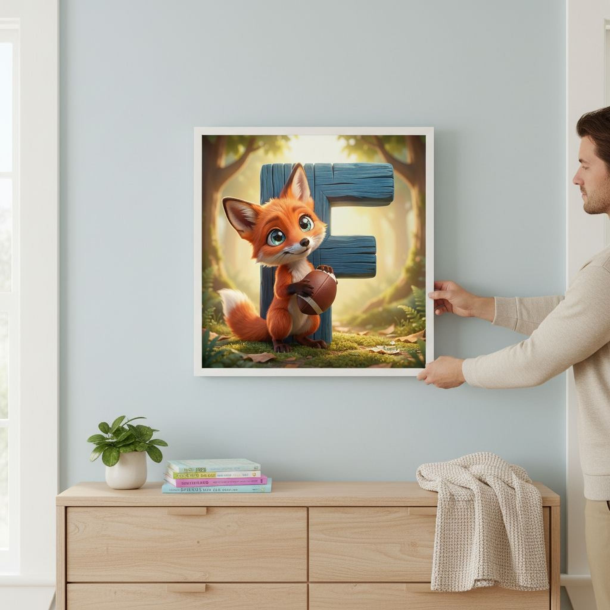 A framed illustration of a cartoon fox holding a football is hanging on a wall in a room.