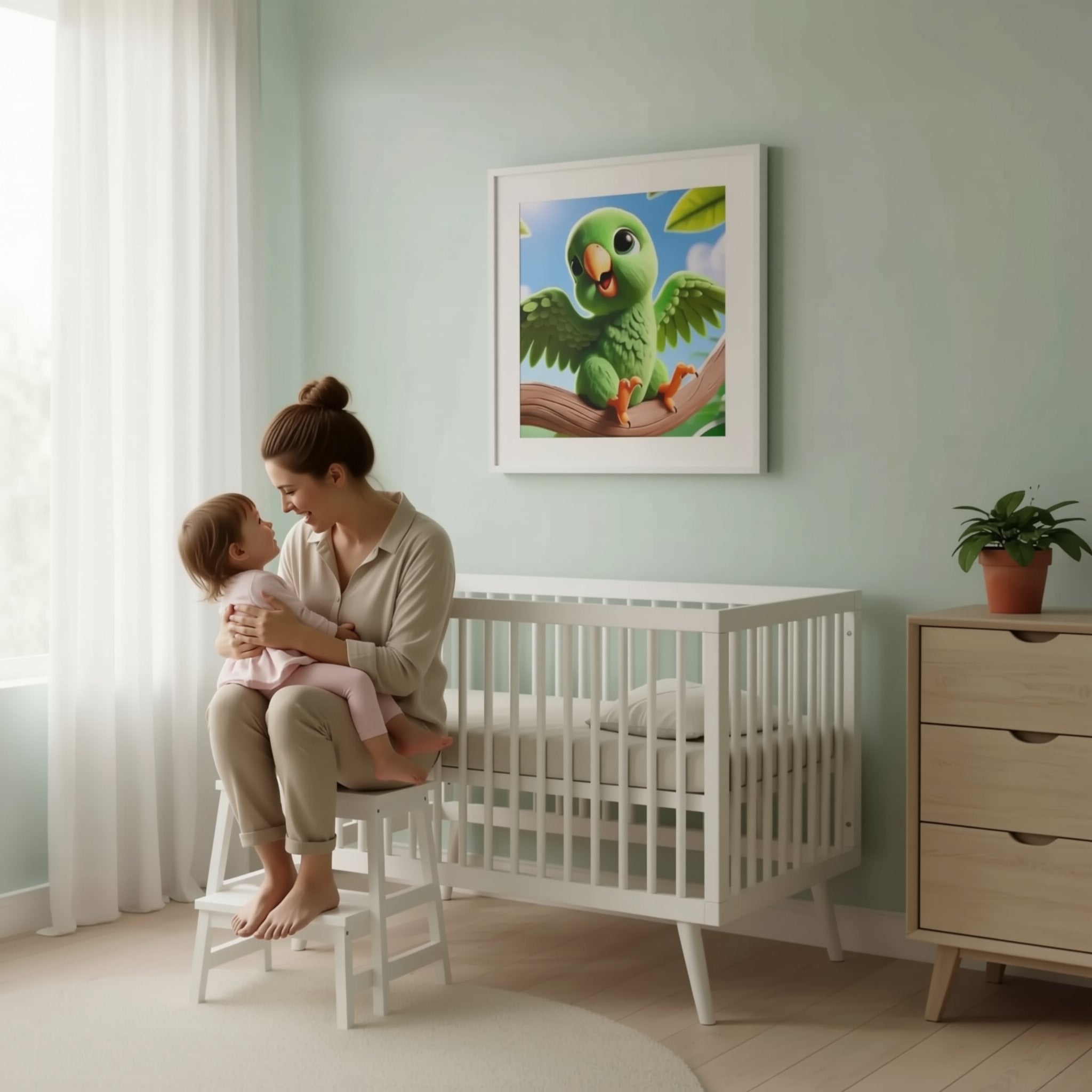 A woman is standing on a stool and hanging a framed picture of a green parrot on the wall of a nursery.