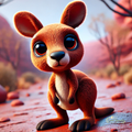 A cartoon kangaroo with large, expressive eyes and a friendly expression is standing on a red surface, surrounded by a desert-like landscape with rocks and trees in the background.