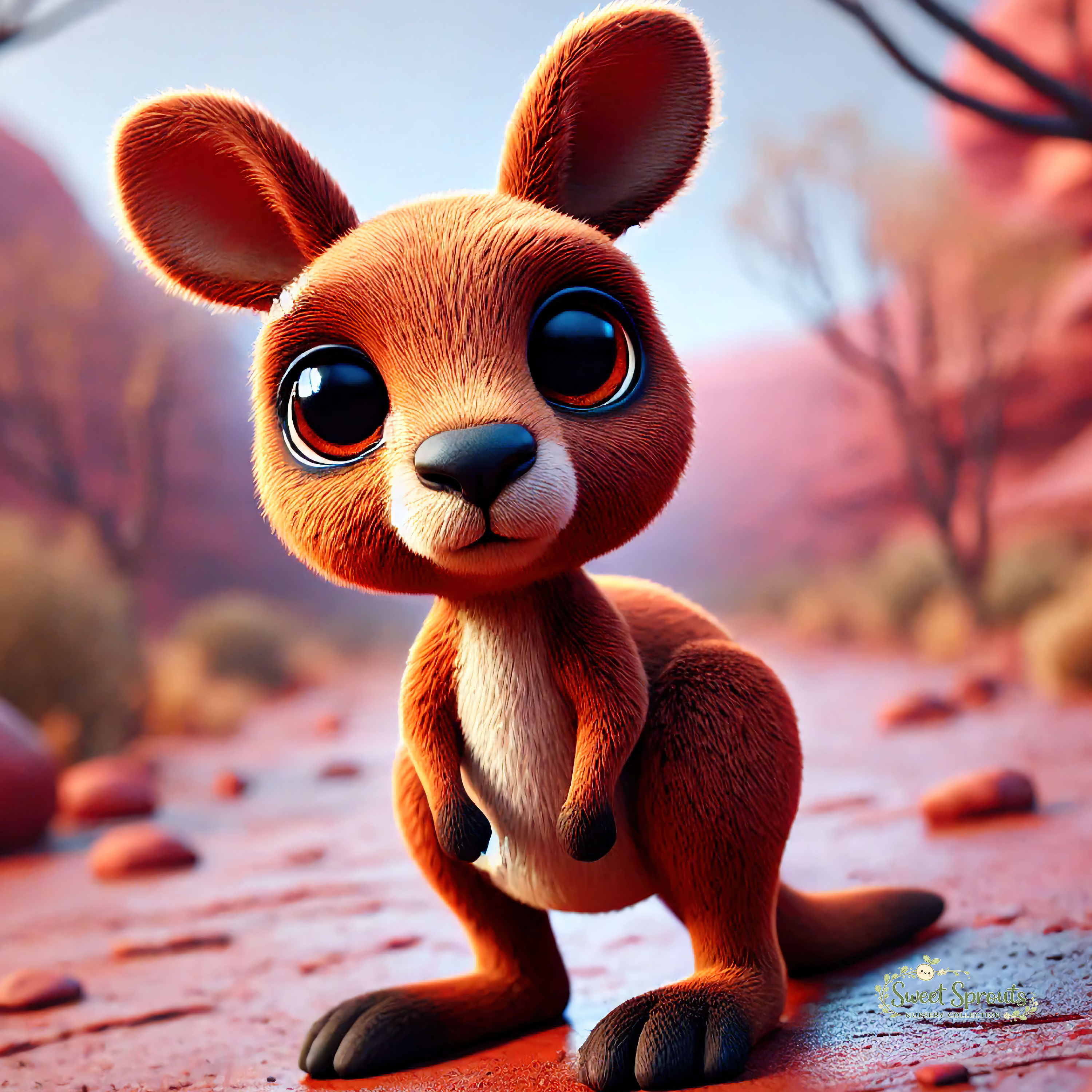 A cartoon kangaroo with large, expressive eyes and a friendly expression is standing on a red surface, surrounded by a desert-like landscape with rocks and trees in the background.