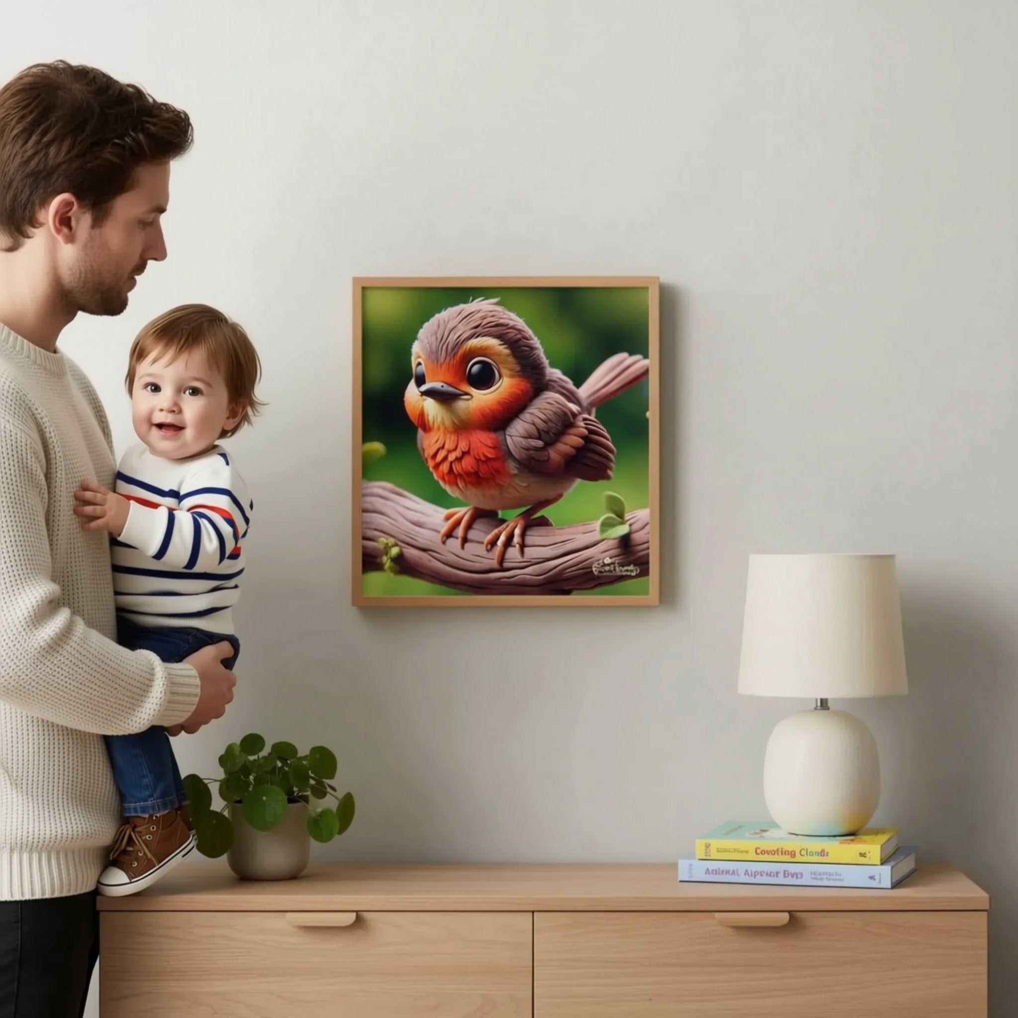 A man is hanging a framed picture of a colorful bird on a wall in a room with a wooden dresser, a lamp, and some books.
