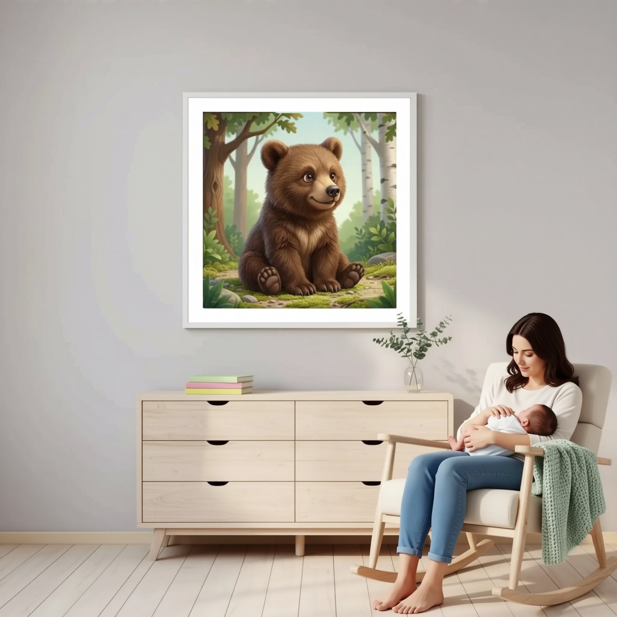 A man is standing next to a wooden dresser, which has a framed painting of a bear hanging on the wall above it. The man is holding the painting up to the wall, possibly adjusting it or admiring the artwork.