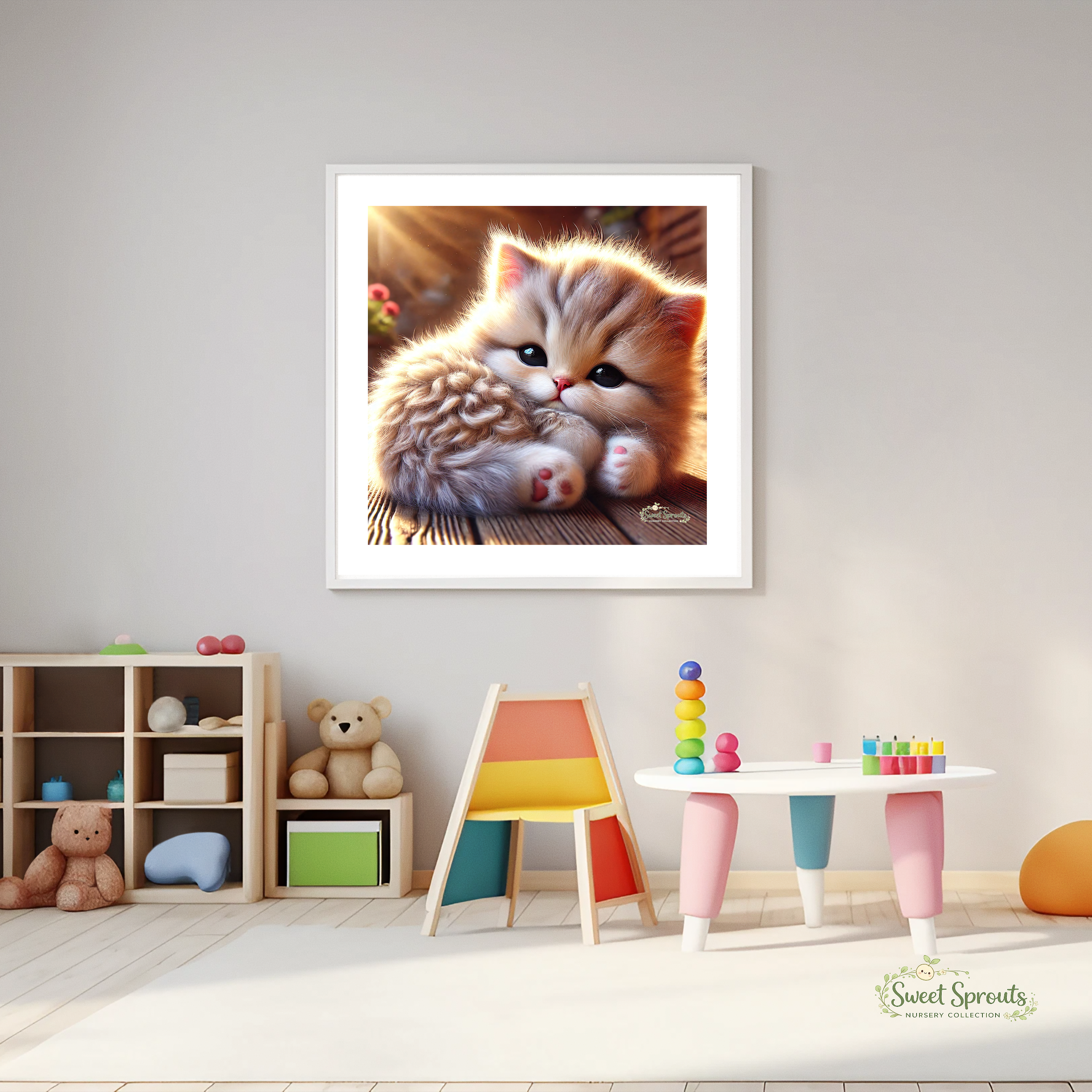 A framed image of a kitten is displayed on a wall in a child's bedroom, with a colorful toy set and a teddy bear nearby.