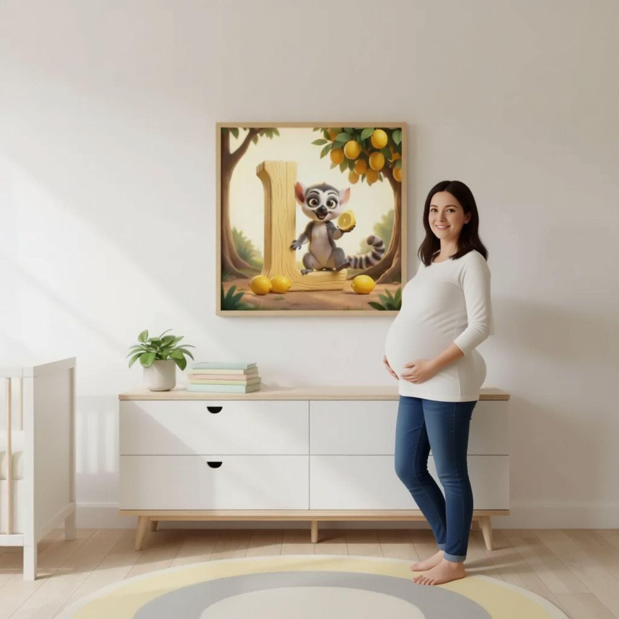 A pregnant woman stands in a room with a white dresser, a potted plant, and a framed illustration of a lemur on the wall.