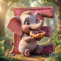 A cute cartoon elephant holding a piece of pie and sitting in front of a large pink letter 'E' made of wood.