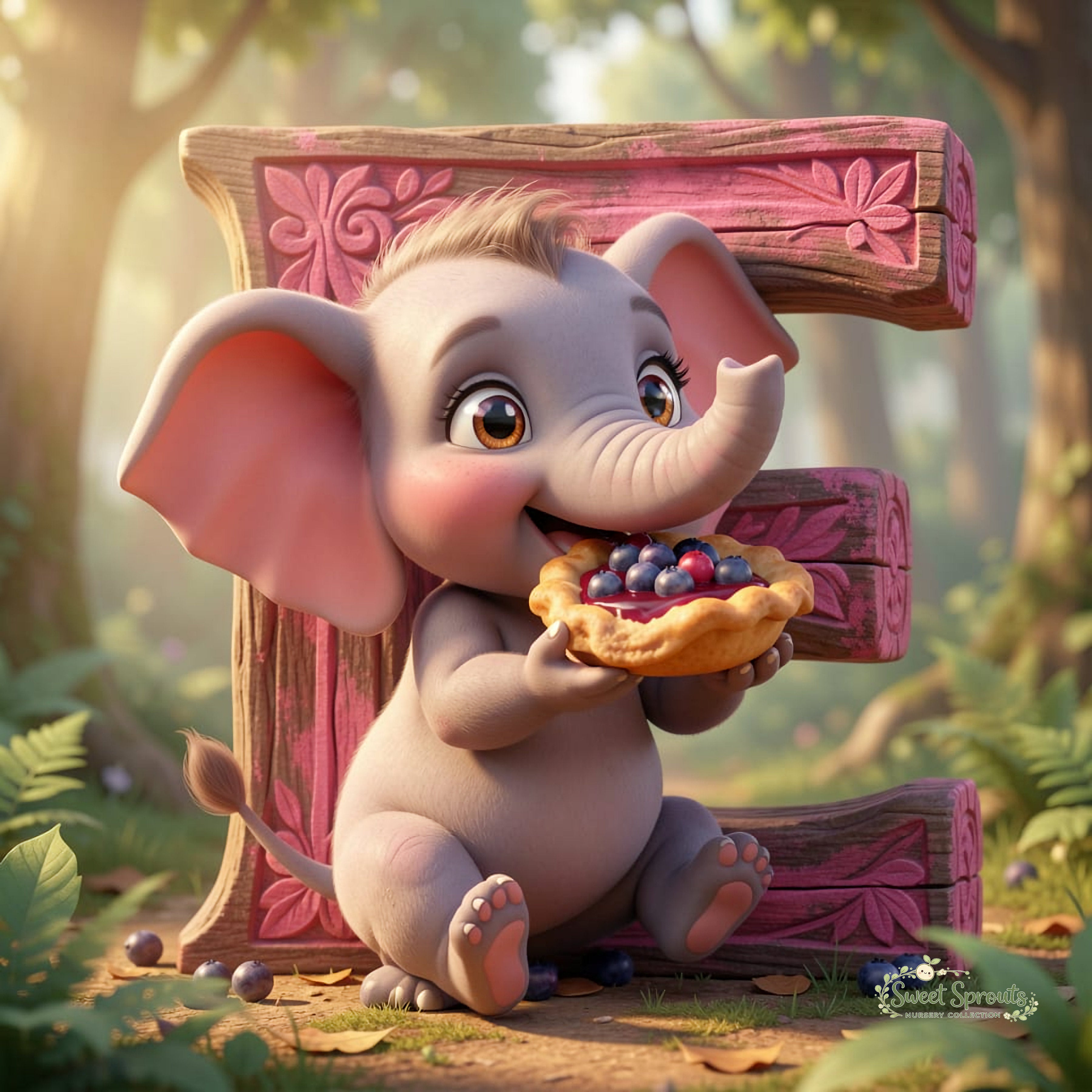 A cute cartoon elephant holding a piece of pie and sitting in front of a large pink letter 'E' made of wood.