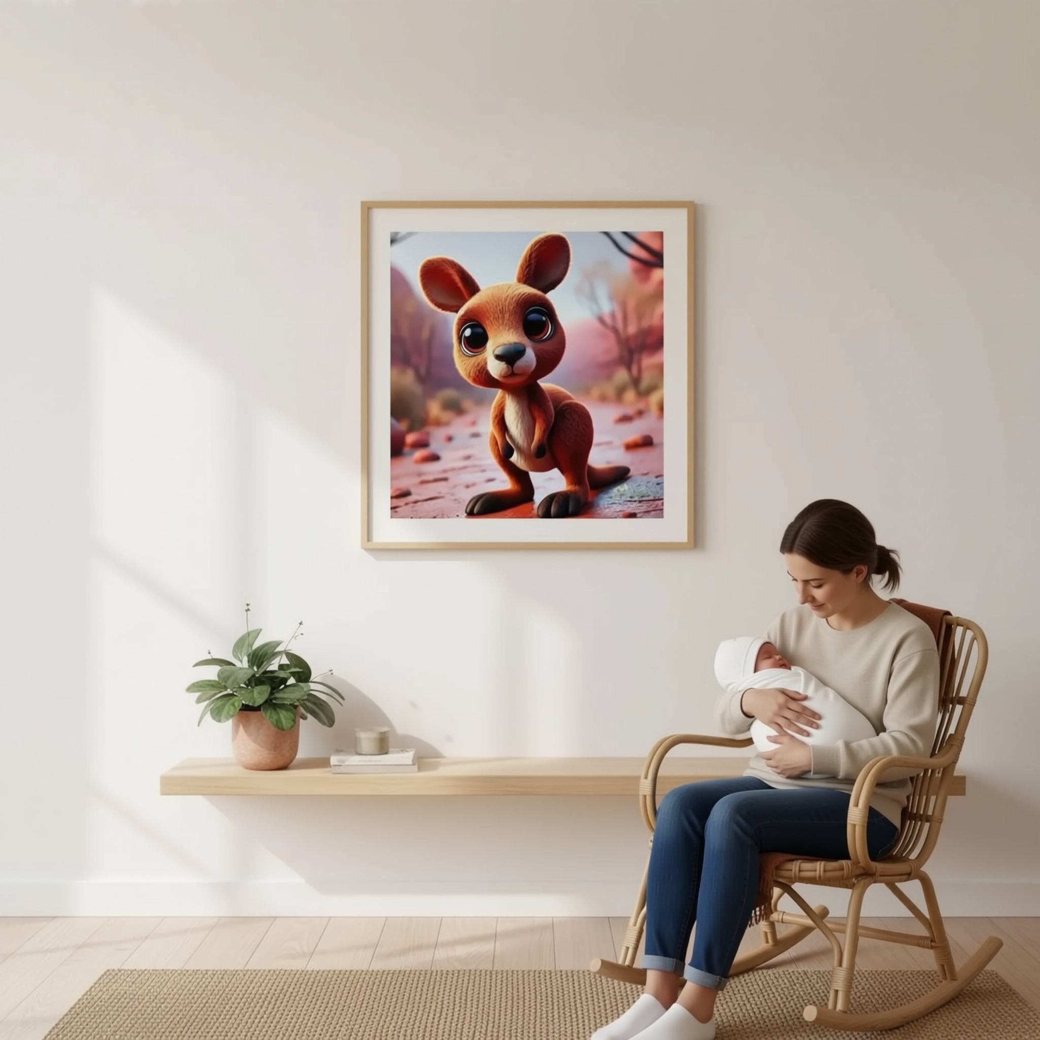 A woman is sitting in a rocking chair, holding a baby, with a framed image of a kangaroo hanging on the wall above her.