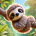 A cute sloth hanging from a tree branch in a lush, green forest.