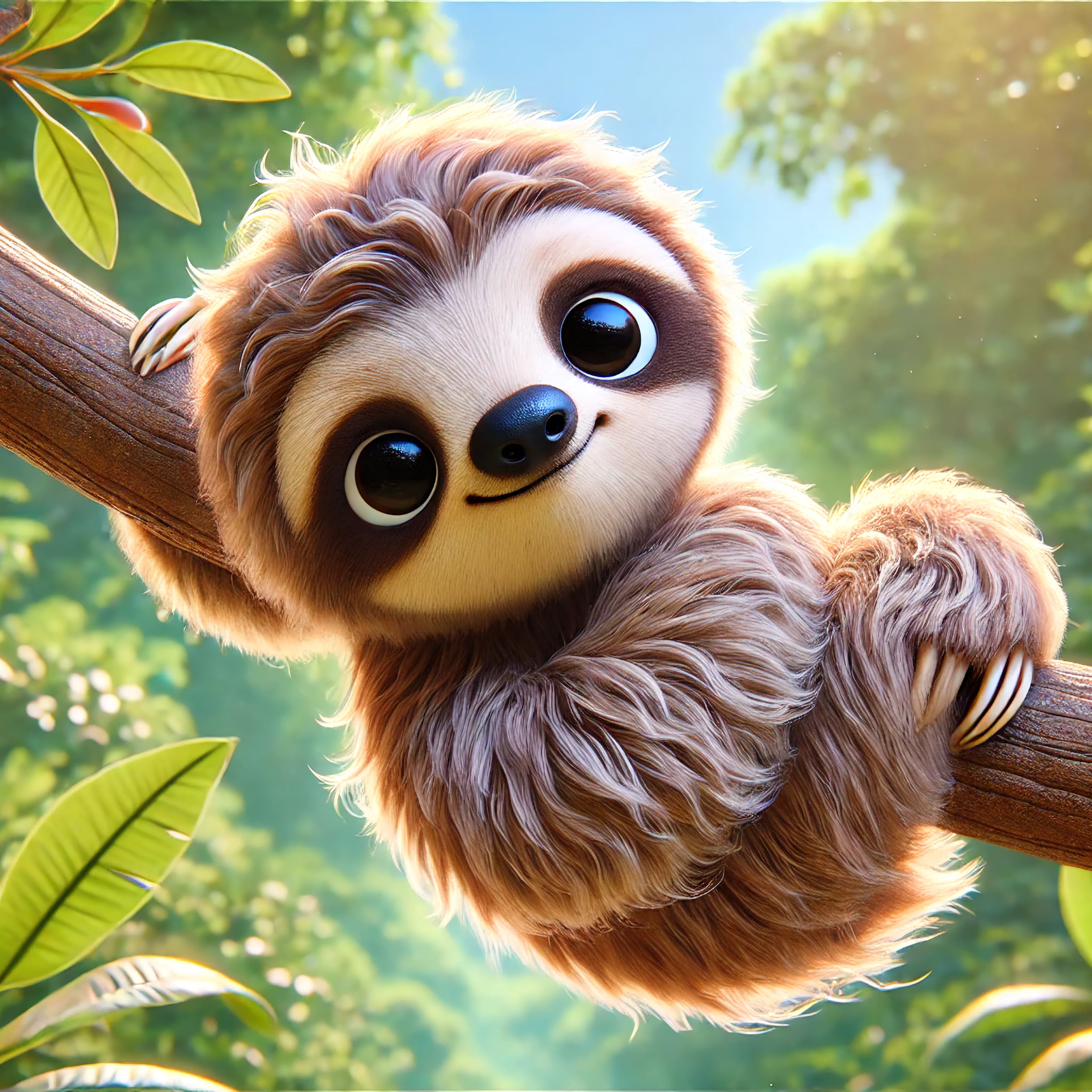 A cute sloth hanging from a tree branch in a lush, green forest.