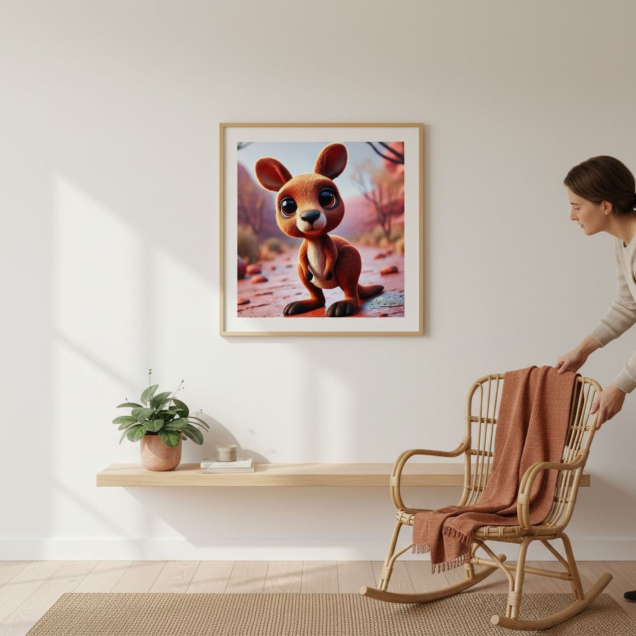 a woman standing next to a wooden rocking chair, with a framed picture of a kangaroo hanging on the wall above the chair.