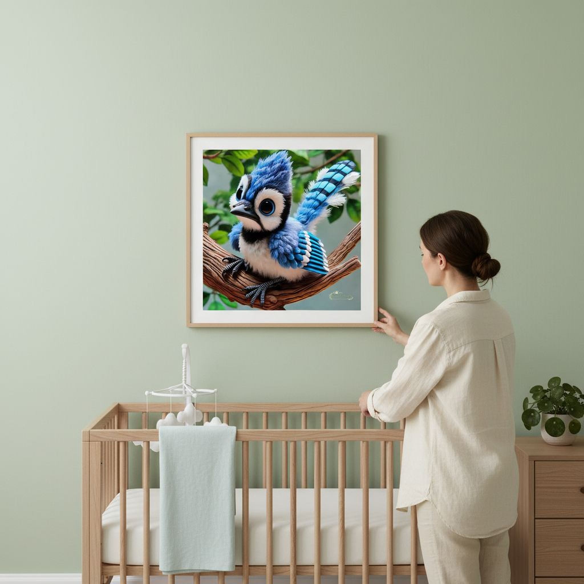 A woman is standing in front of a wooden crib, looking at a framed image of a blue jay perched on a branch.