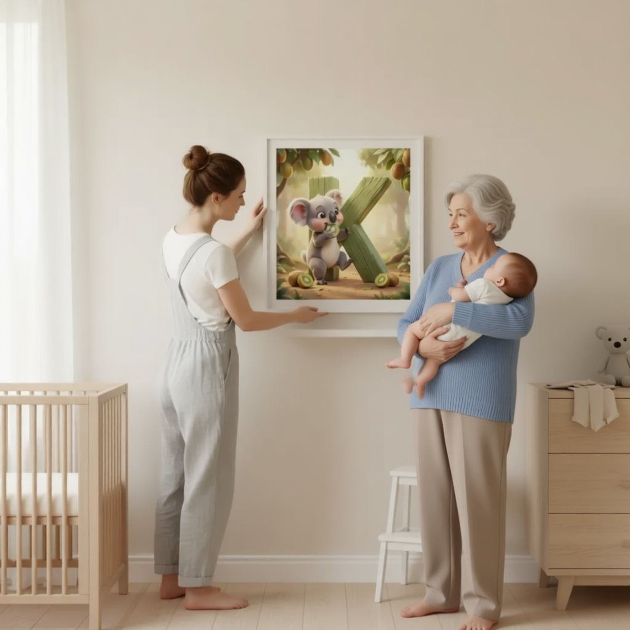 A woman hangs a framed picture of a cartoon koala on the wall, while an older woman holds a baby in her arms.