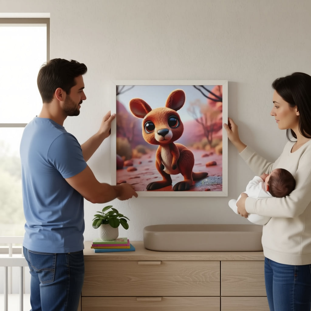 A man and a woman are standing in a room, holding a framed picture of a cartoon kangaroo. The man is wearing a blue shirt, and the woman is wearing a white shirt. They are standing in front of a wooden dresser, which has a plant on top of it.