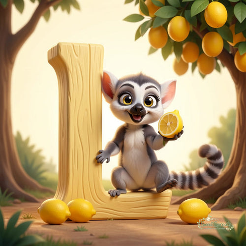 A cartoon lemur holding a lemon and sitting on a large wooden letter 'L' in a forest setting with trees and lemons.