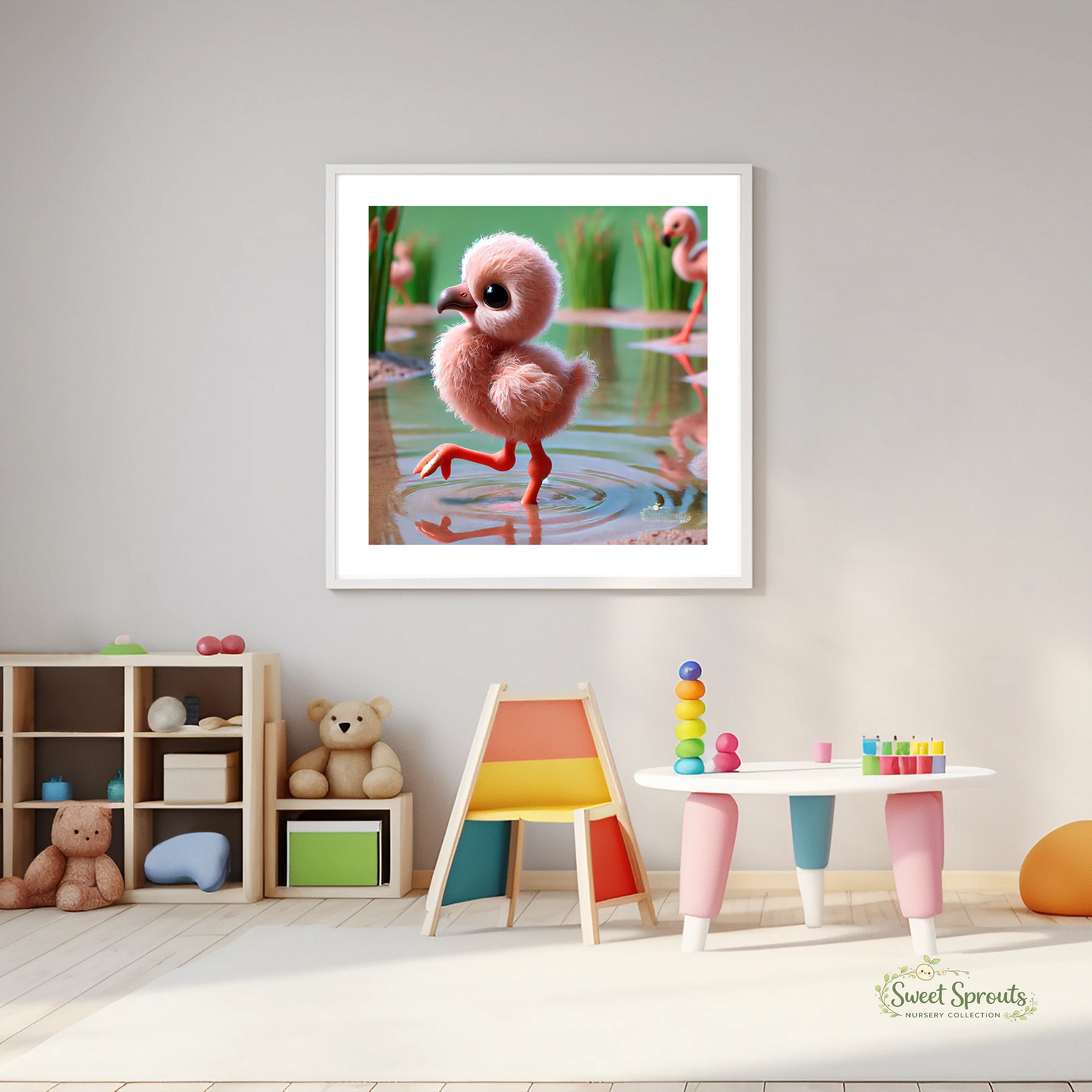 A framed image of a pink flamingo standing in a pond, surrounded by toys and a colorful play area in a child's room.