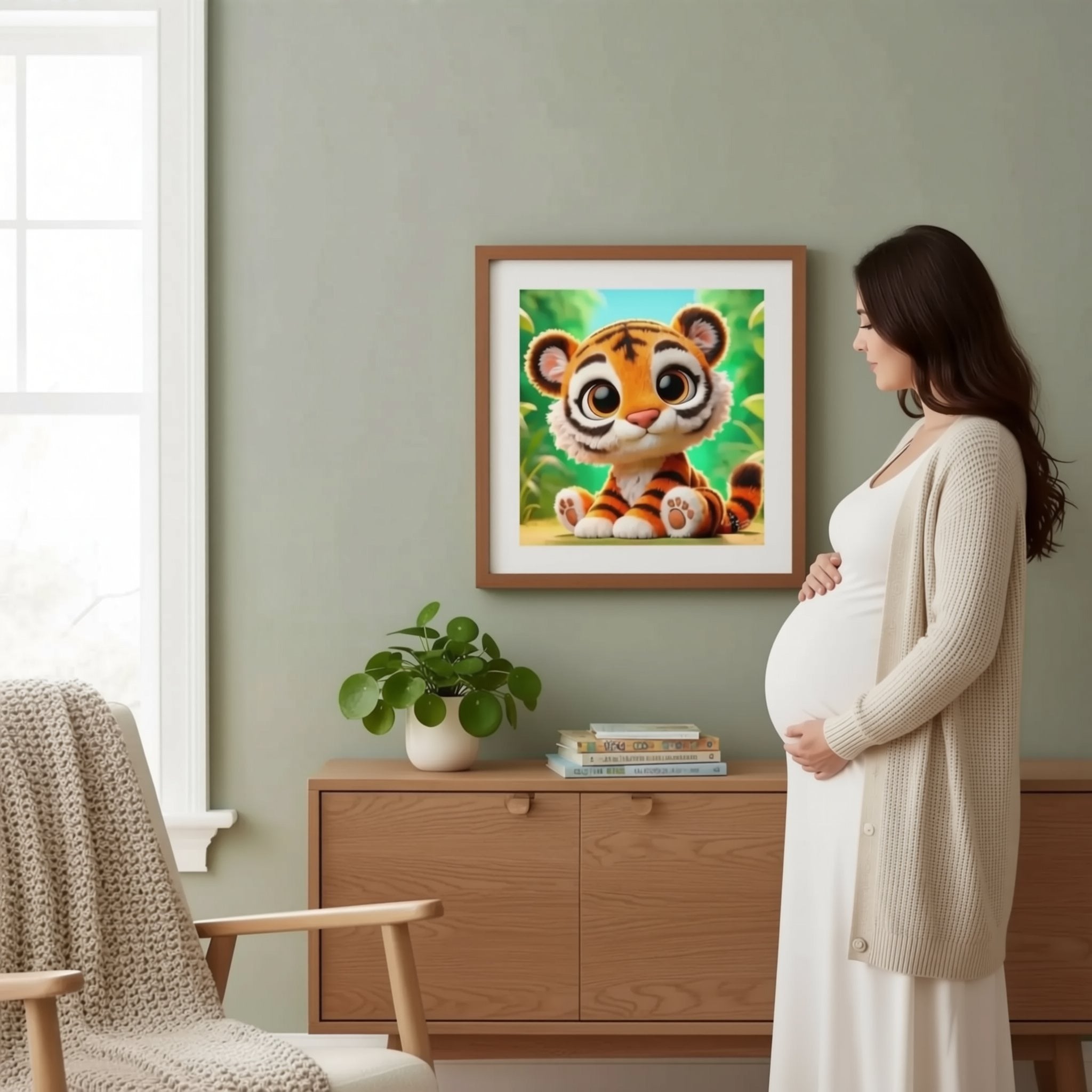 A pregnant woman stands in a cozy living room, gazing at a framed illustration of a tiger on the wall.