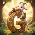 A cartoon goat holding a bunch of grapes and standing on a wooden letter 'G' in a forest setting.