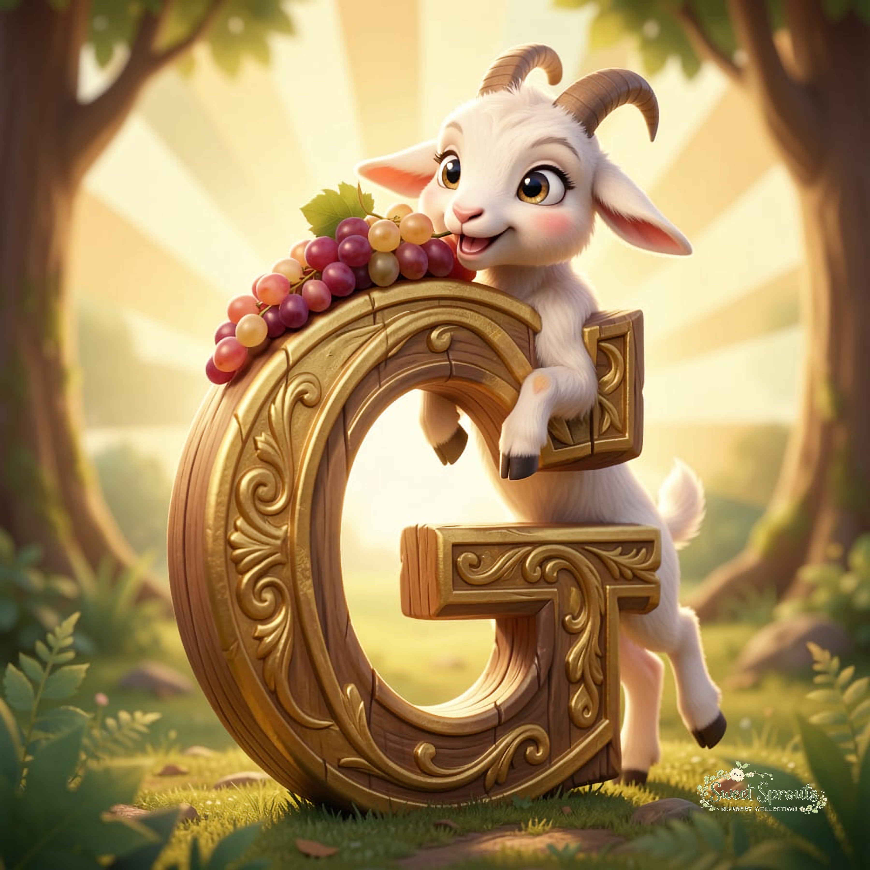 A cartoon goat holding a bunch of grapes and standing on a wooden letter 'G' in a forest setting.