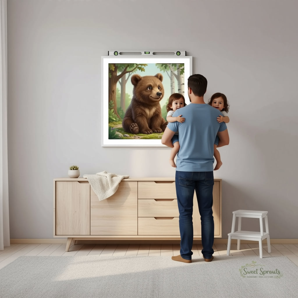A woman is standing in front of a wooden cabinet, looking at a framed painting of a bear on the wall.