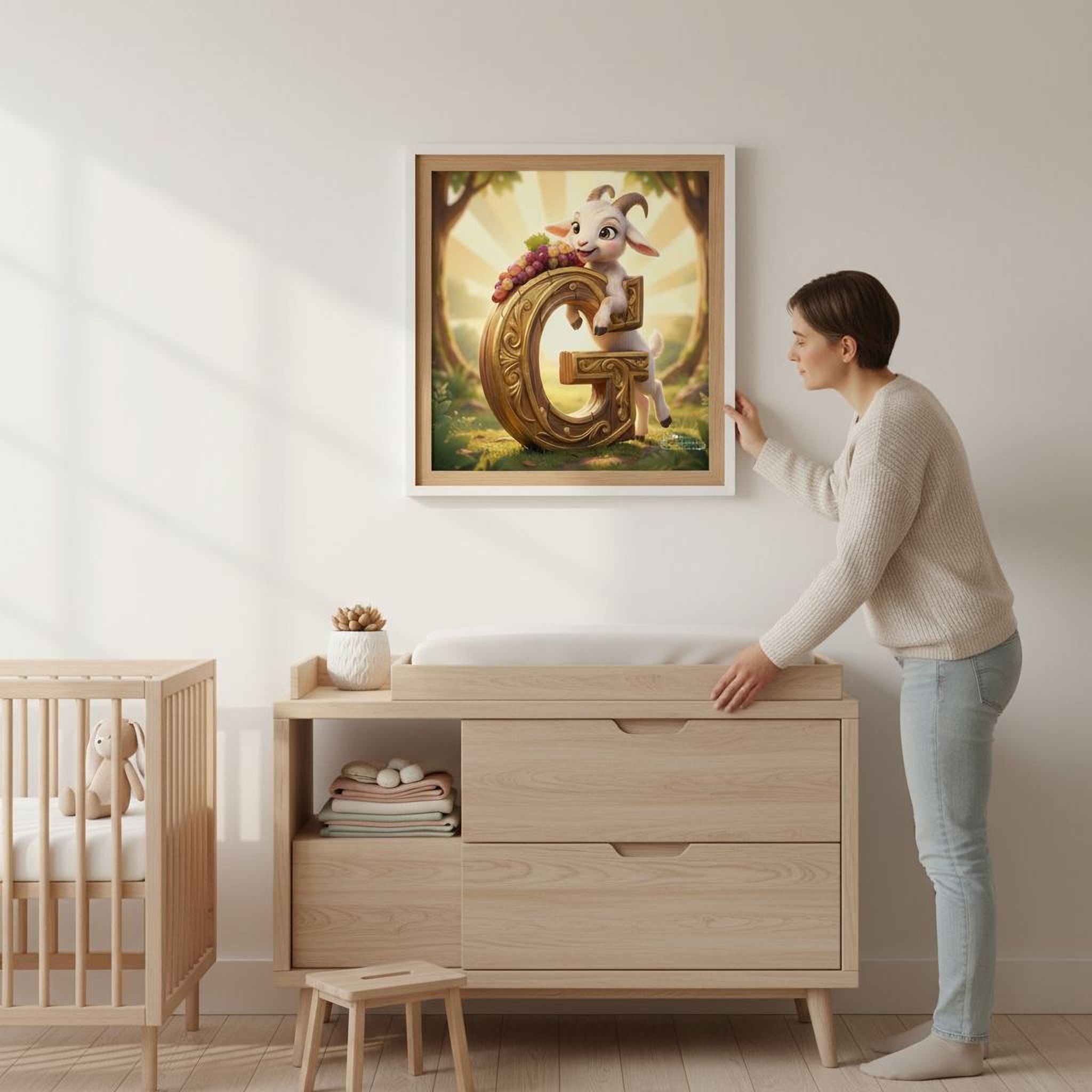 A woman is standing next to a wooden dresser, looking at a framed artwork on the wall.