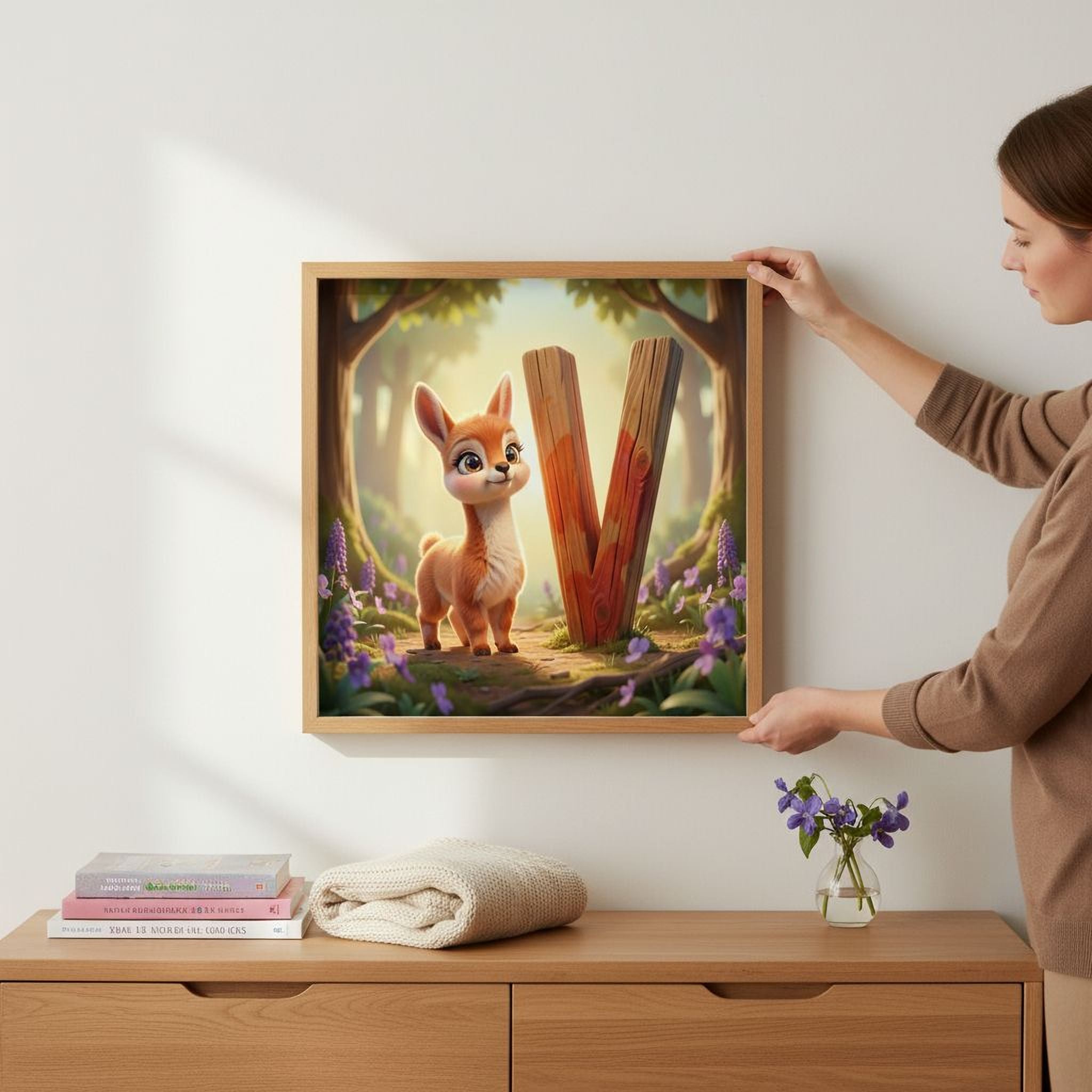 A woman is hanging a framed artwork featuring a cartoon deer on a wall, with a wooden dresser below it and some books and a vase of flowers nearby.