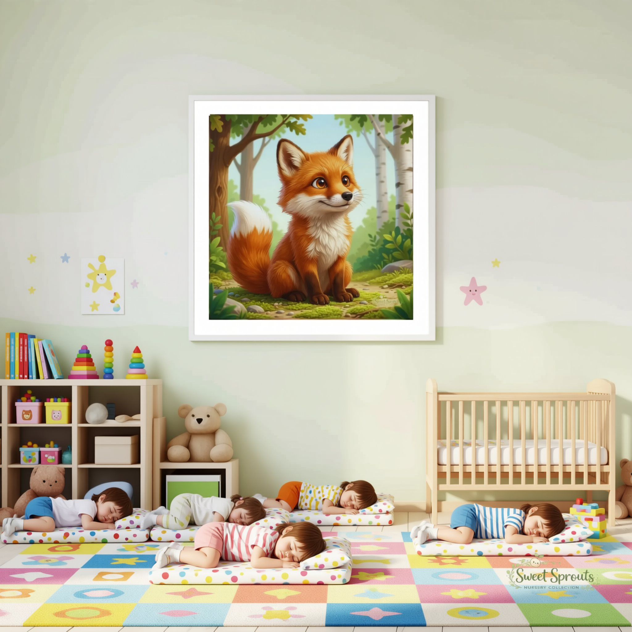 a cozy and colorful children's room with a framed painting of a fox sitting on a forest floor, surrounded by toys and a play area.