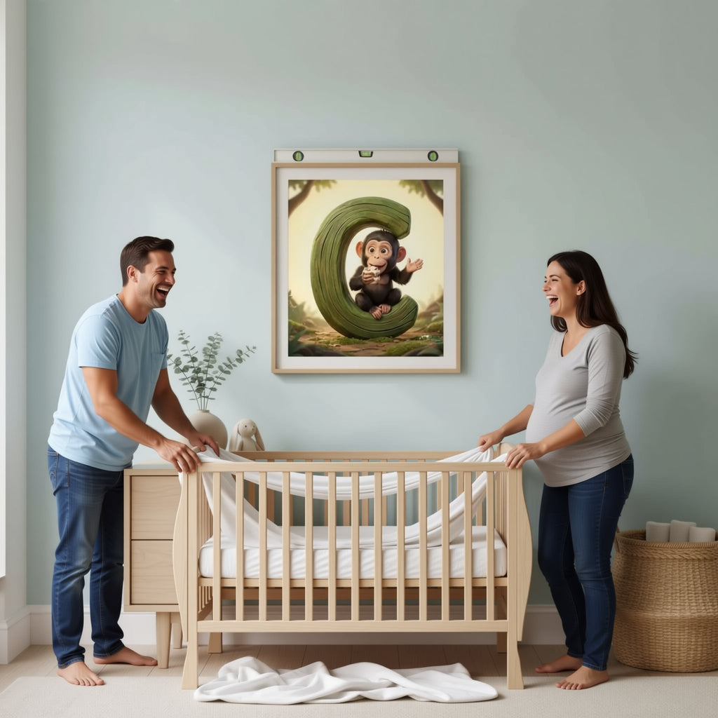 a wooden dresser with a framed picture of a monkey hanging on the wall above it. The dresser has four drawers and is situated in a room with a light blue wall. There is also a woven basket and a small plant on the dresser.