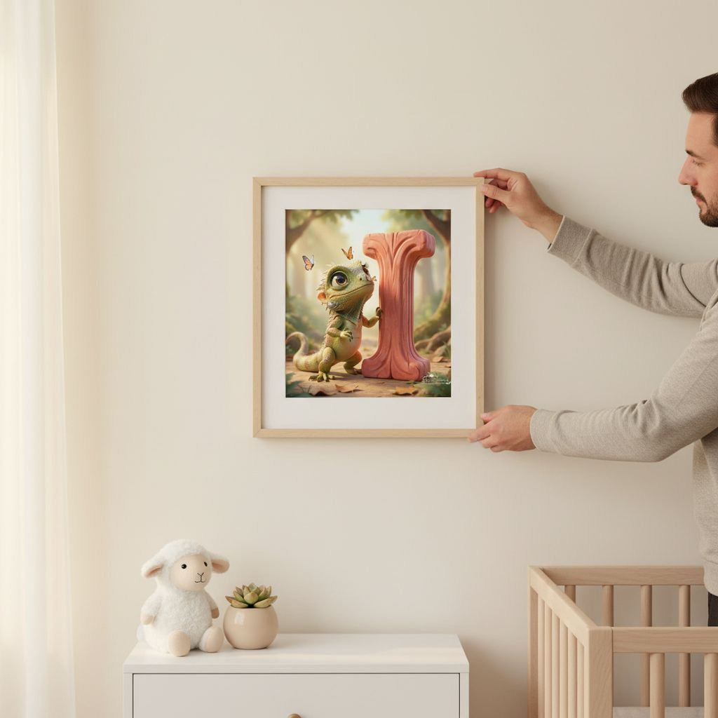 A framed illustration of a dinosaur and a pink tree is hanging on a wall, with a person holding the frame in the background.
