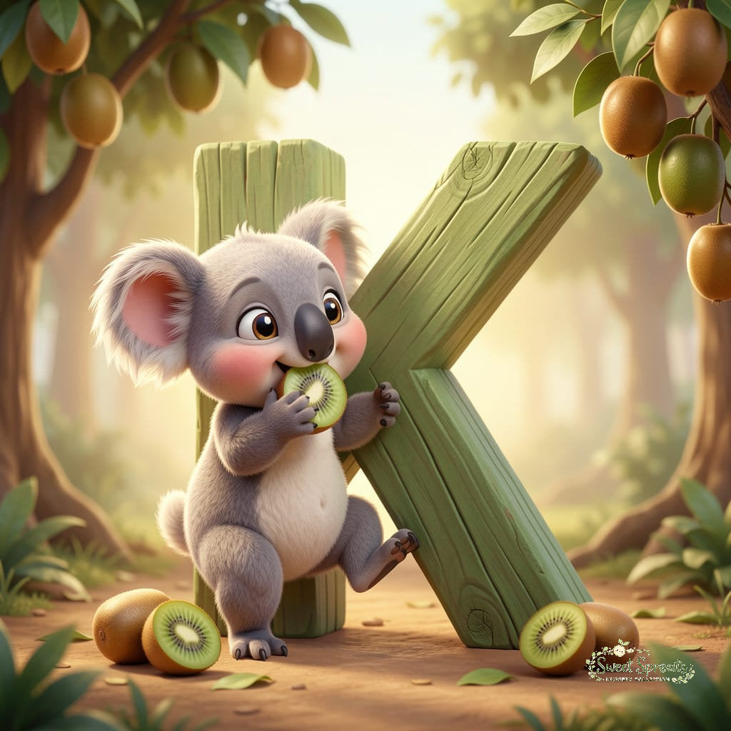 A cartoon koala holding a slice of kiwi fruit and standing next to a large wooden letter 'X' in a forest setting.