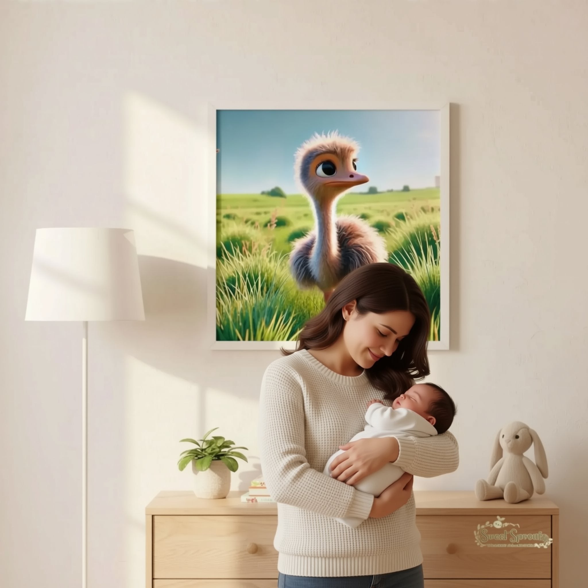 a person standing next to a wooden dresser with a framed picture of an ostrich on it.