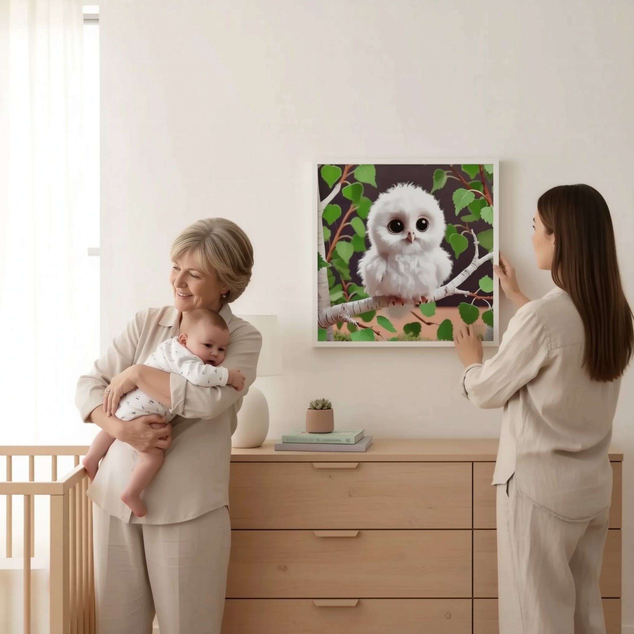 A woman is standing in a room, looking at a framed picture of a white owl perched on a branch. The room has a wooden dresser and a baby crib, creating a cozy and homey atmosphere.