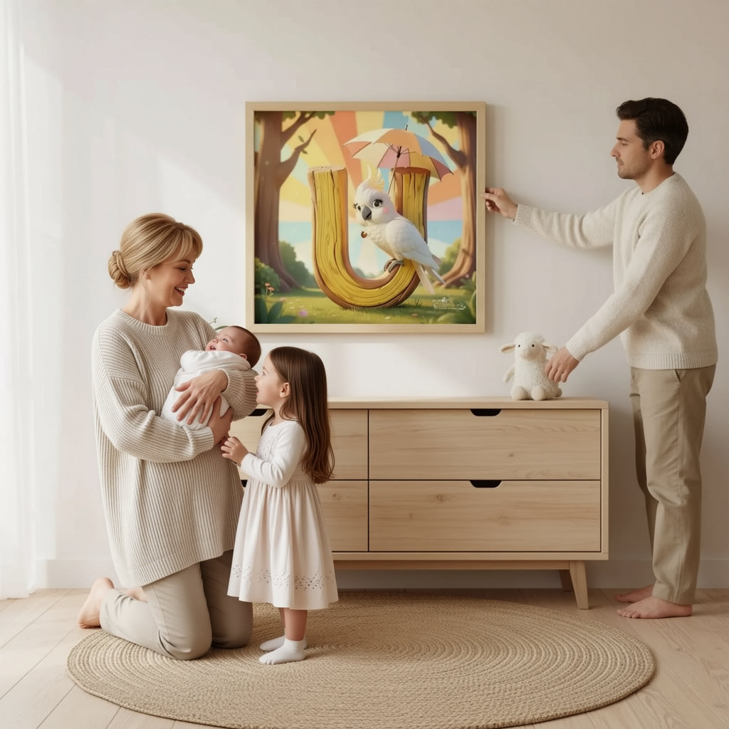A man is standing in a room, looking at a framed painting of a white bird with a yellow umbrella on a tree branch. The painting is hanging on the wall above a wooden dresser with four drawers. The man appears to be adjusting or inspecting the painting.